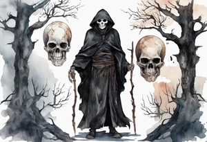 a thin medieval man in a black cloak wearing a skull mask, standing alone in a gloomy place with dead trees tattoo idea