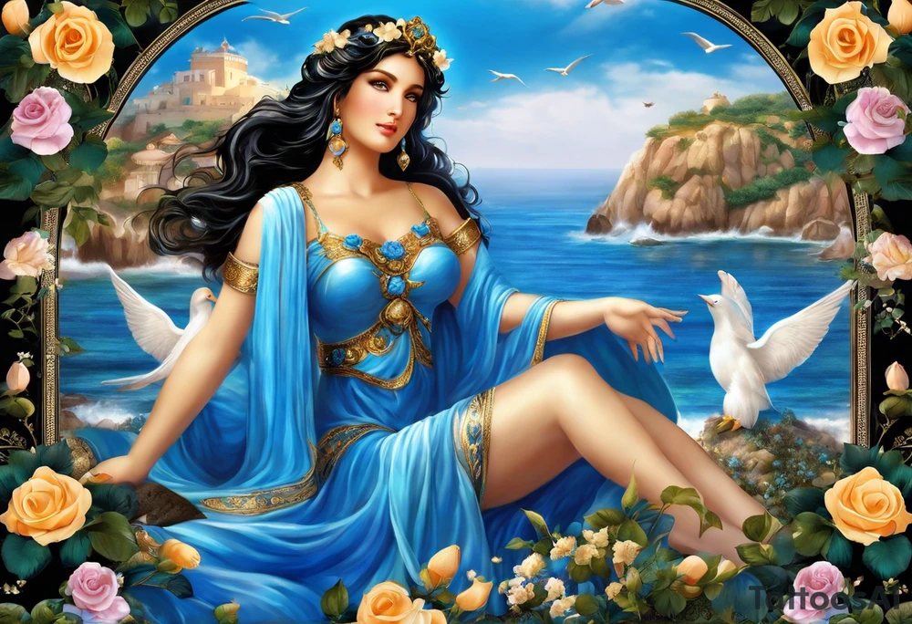 Aphrodite is the goddess of love, with a seaside background, surrounded by birds.. blue roses frames, background blue,present it in a, black hair, love motives, herat,motifs expressing love and the feeling of lovePortrait of Aphrodite: A face or full-length image of the goddess, often in a realistic style, perhaps decorated with flowers, seashells, or doves.

Symbols: Known symbols of Aphrodite include the rose, doves, shells and the mirror. These symbols can be displayed individually or in combination in a tattoo.

Mythological Scenes: Depictions of various mythological stories of Aphrodite, such as her birth from sea foam, as depicted in Botticelli's famous painting ("Birth of Venus").

Flowers: Roses or other flowers often associated with Aphrodite can give a particularly romantic and elegant look to your tattoo.

Mythological elements: Other mythological elements and figures associated with Aphrodite, such as Eros (Cupid), the god of love who is the son of Aphrodite. tattoo idea