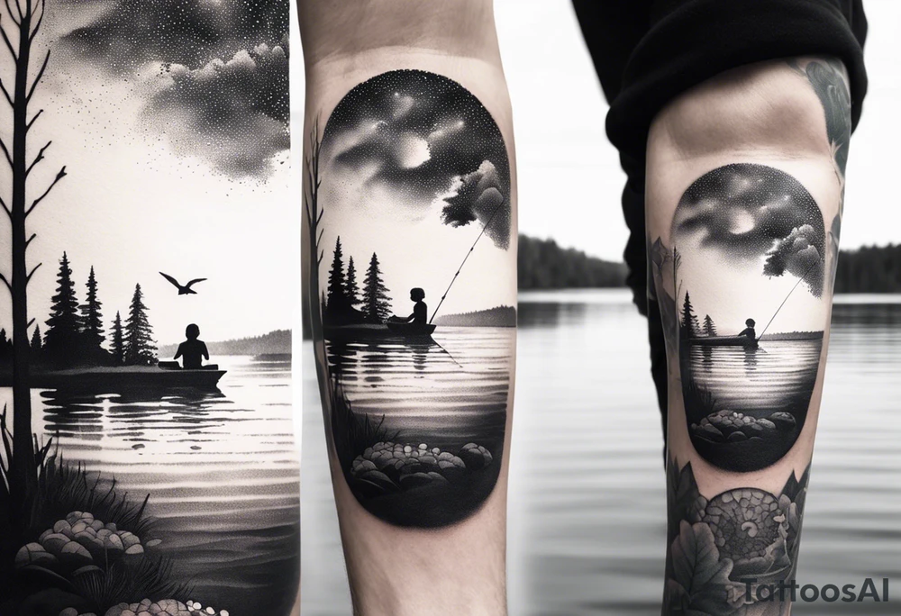 forearm tattoo set on a lake. At the bottom of the tattoo there is a dock with a little boy fishing and a little girl reading. There are trees surrounding the lake. tattoo idea