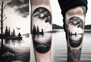 forearm tattoo set on a lake. At the bottom of the tattoo there is a dock with a little boy fishing and a little girl reading. There are trees surrounding the lake. tattoo idea