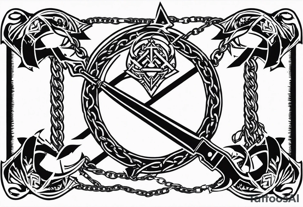 Valhalla sword shield dragon axe Valknut barbed wire chains tribal tattoo idea