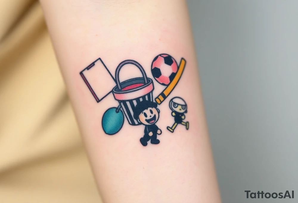 Childhood memories of a book, a bucket and spade, a football, a cricket bat, a cartoon of Dennis the Menace from the Beano comic, and the American Idiot symbol tattoo idea