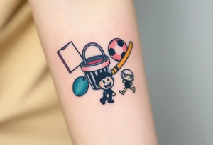 Childhood memories of a book, a bucket and spade, a football, a cricket bat, a cartoon of Dennis the Menace from the Beano comic, and the American Idiot symbol tattoo idea