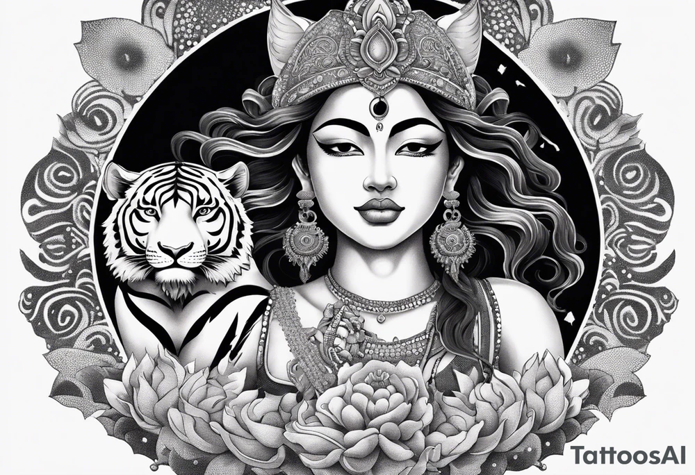 durga goddess, riding a tiger, kali, pirate, pachamama, chest tatoo, lotus, piarte tattoo idea