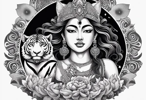 durga goddess, riding a tiger, kali, pirate, pachamama, chest tatoo, lotus, piarte tattoo idea