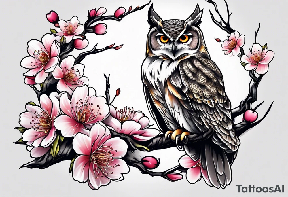 Owl and cherry blossoms tattoo idea
