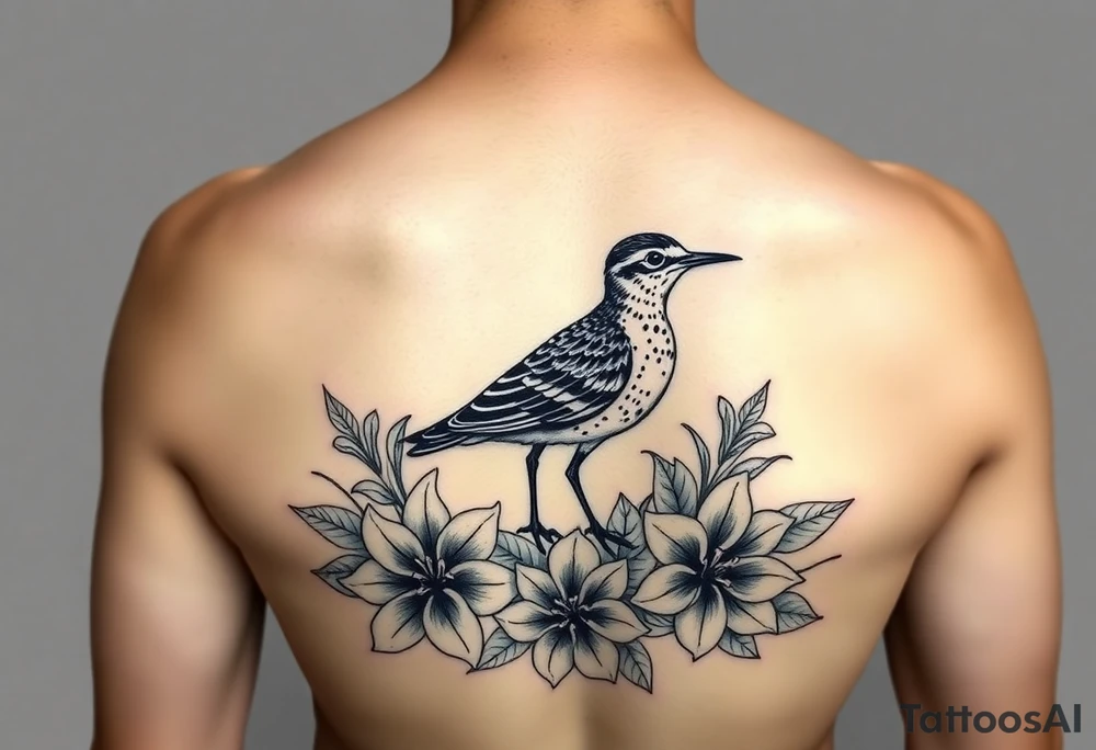 Female pacific golden plover bird in hawaii tattoo with heliconia flowers, crown flower lei, puakenikeni lei, bird of paradise flowers, beehive ginger, shampoo ginger, red tahitian ginger tattoo idea