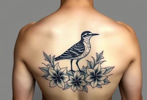 Female pacific golden plover bird in hawaii tattoo with heliconia flowers, crown flower lei, puakenikeni lei, bird of paradise flowers, beehive ginger, shampoo ginger, red tahitian ginger tattoo idea