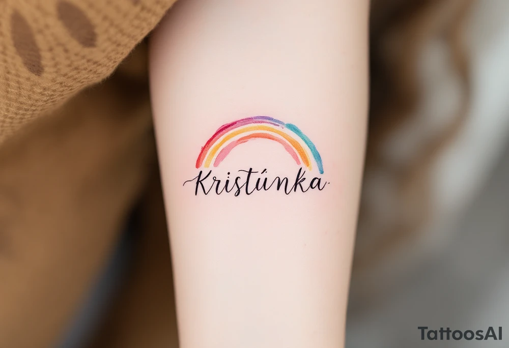 Kristýnka written in a watercolor rainbow arc, delicate and joyful. tattoo idea