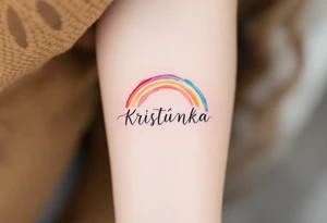 Kristýnka written in a watercolor rainbow arc, delicate and joyful. tattoo idea