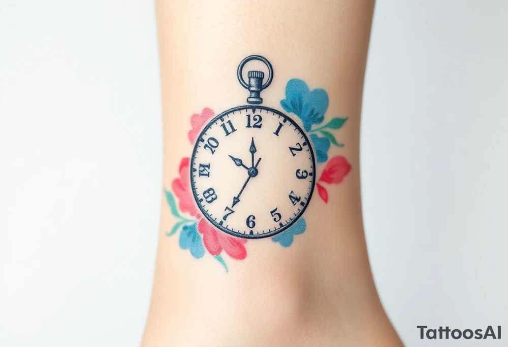 A delicate clock frozen at the baby’s birth time, surrounded by soft pastel blue and pink watercolor splashes, symbolizing the moment of arrival tattoo idea