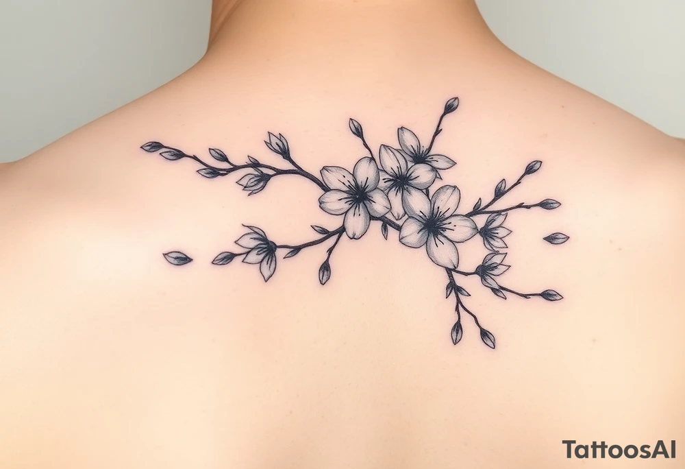 delicate cherry blossoms swirling in spring breeze with petals tattoo idea