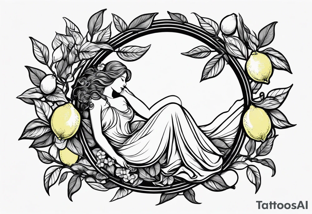 Fairy outline, asleep on a lemon on the branch of a lemon tree. tattoo idea