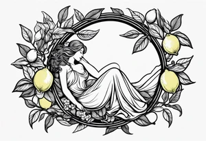 Fairy outline, asleep on a lemon on the branch of a lemon tree. tattoo idea
