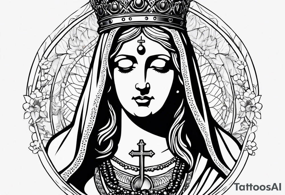virgin mary with a rosary and crown of thorns tattoo idea
