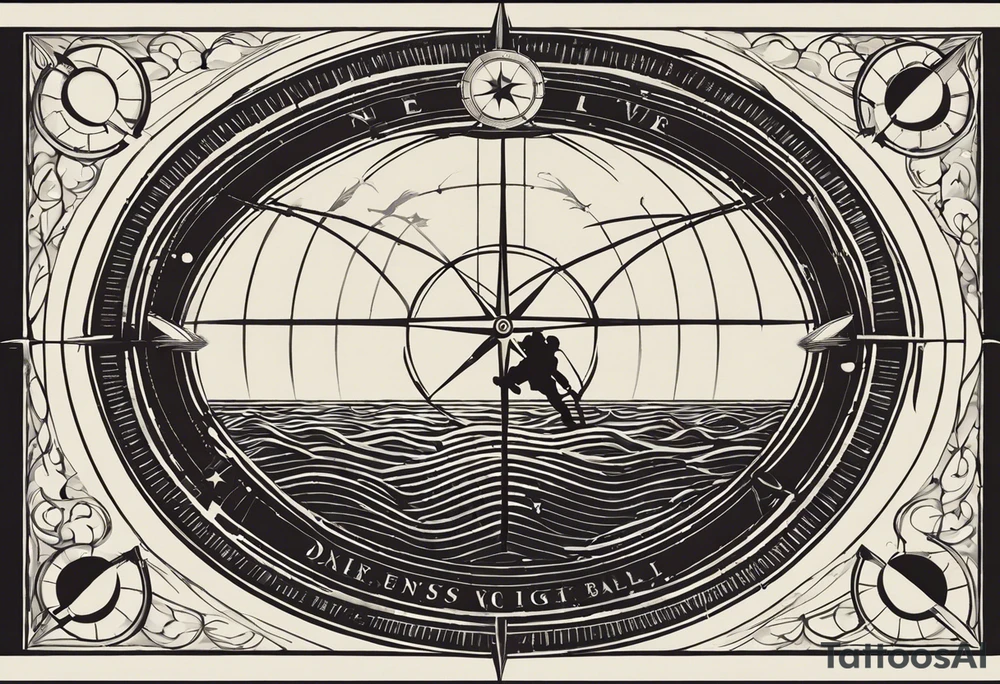 Compass Rose: Positioned on the shoulder with long straight lines radiating outward in all directions.
Lines: Transform into latitude and longitude lines further down the arm, creating a detailed backdrop.
Diver: In the foreground, a diver facing forward, with hands out as if holding a ball.
Silhouette: Instead of a ball, a small scuba diver's silhouette swimming upward between the diver's hands. tattoo idea