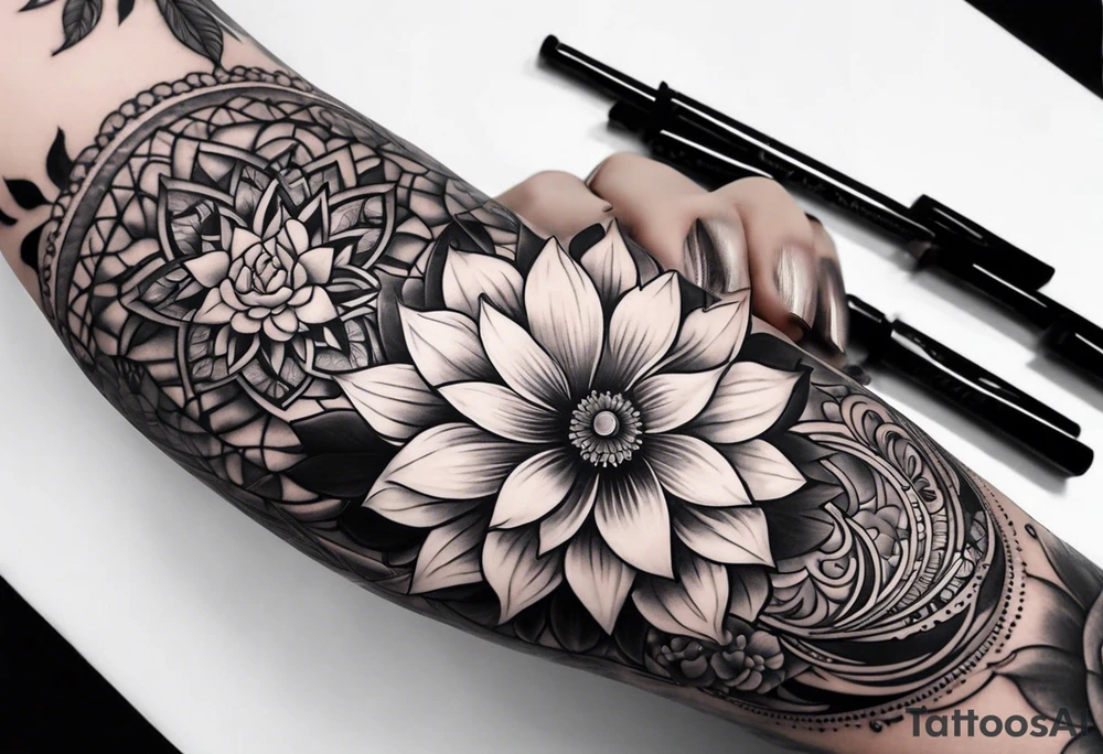 Hand of Fatima lotus flower sleeve tattoo idea