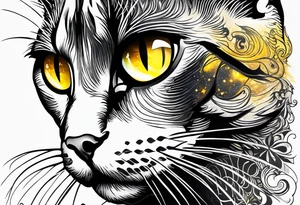 Black Cat with yellow eyes, cat's eye nebula in background tattoo idea