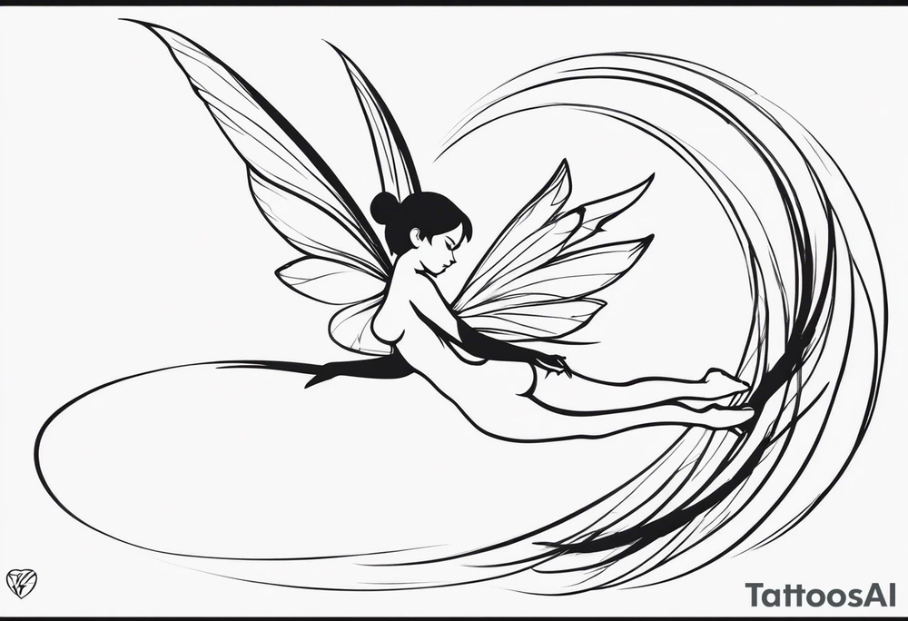 Minimalistic, monochromatic fairy with a tail flying to the left in a fetal position, leaning and looking in the same direction, with visible hands, embodying the 'Fairy Tail' logo aesthetic. tattoo idea