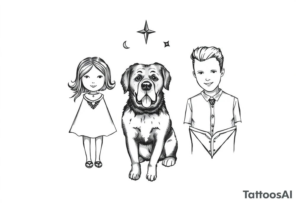 A tattoo that symbolizes three children using symbols, not people, a dog and a husband using dainty symbols and a fine line tattoo tattoo idea