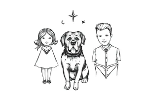 A tattoo that symbolizes three children using symbols, not people, a dog and a husband using dainty symbols and a fine line tattoo tattoo idea