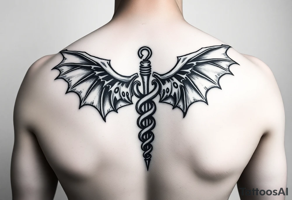Gothic emo Caduceus on forearm with demon wings tattoo idea