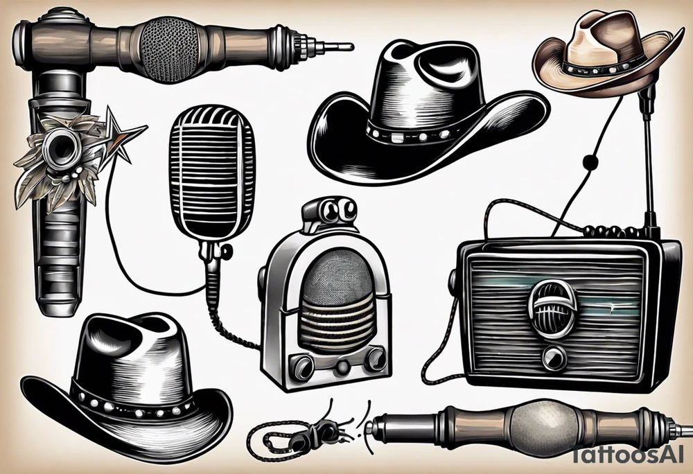 Old school radio and microphone with a cowboy hat on top. tattoo idea