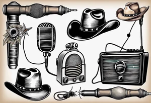 Old school radio and microphone with a cowboy hat on top. tattoo idea