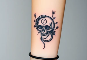 Skull with a snake going through its eyes and prickly vines with a clock in the background tattoo idea