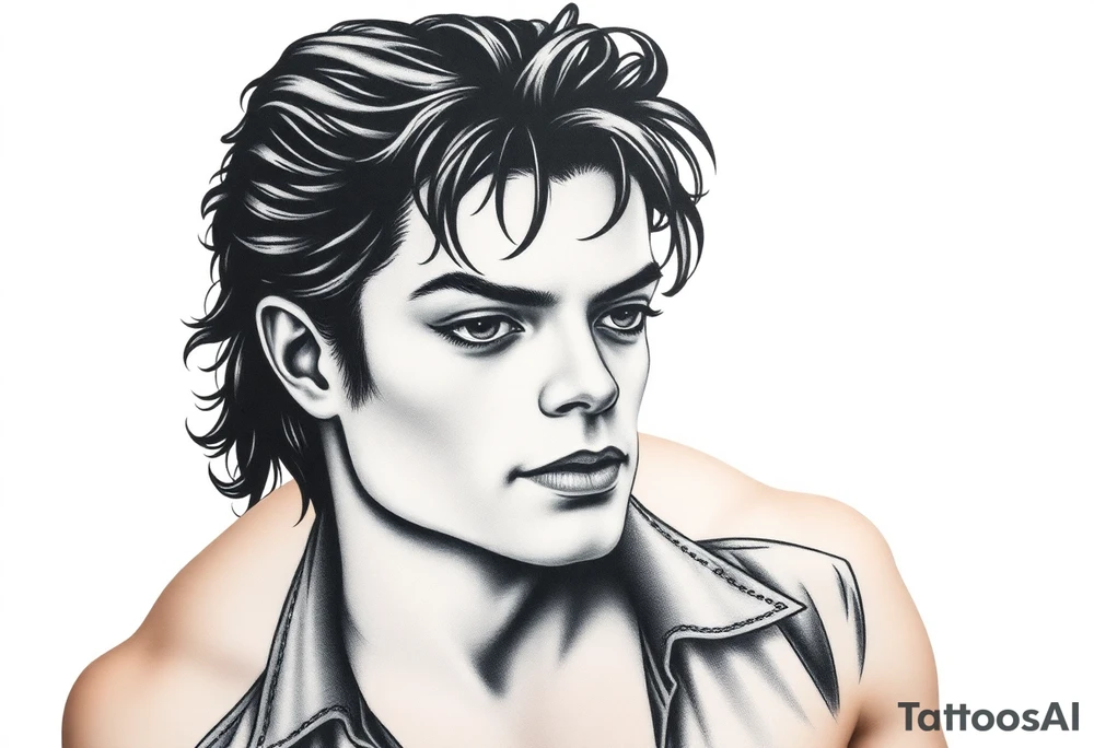 A photorealistic black and grey tattoo design of Michael Jackson's face, realism style, capturing the Bad and Dangerous era, perfect shading, studio lighting, detailed hair and clothing textures, designed for an upper arm placement, isolated on a white background tattoo idea