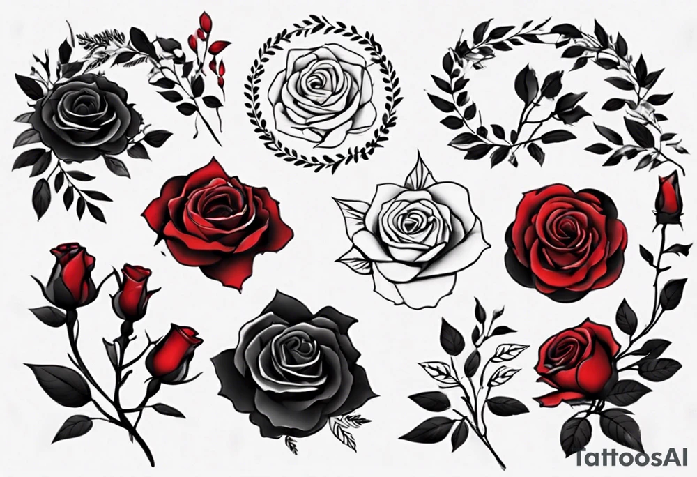 wreaths of red and black roses with leaves tattoo idea