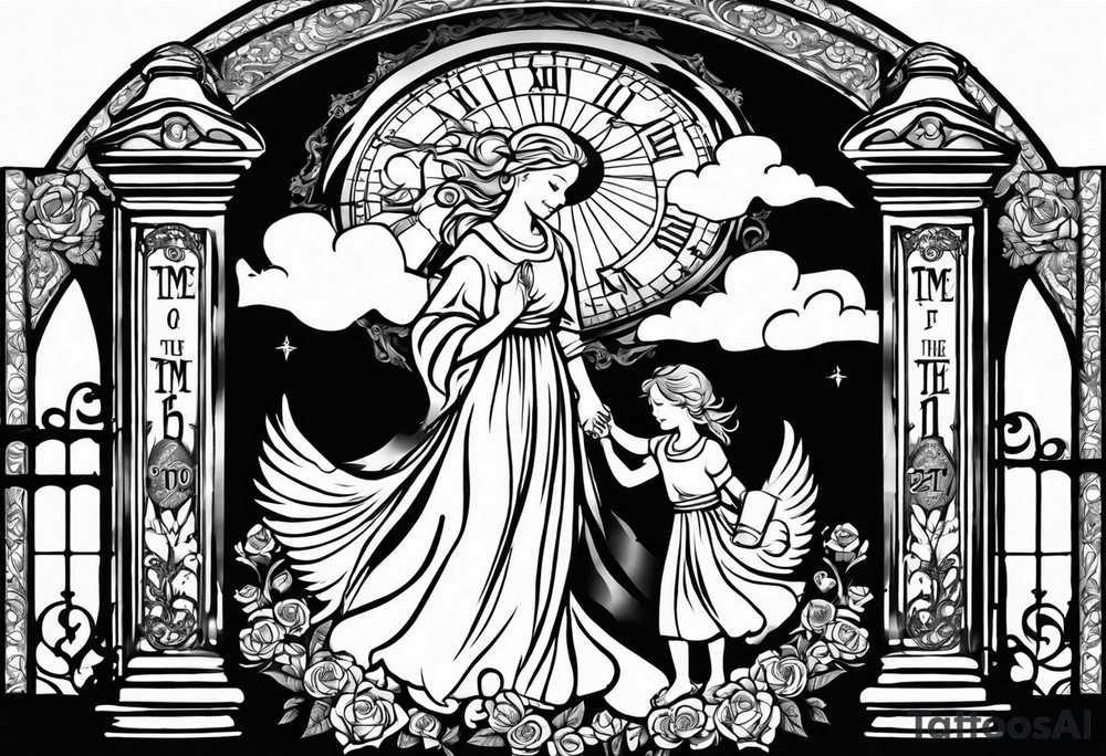 Forearm tattoo:
Mawmaw
07-05-38 / 09-23-24
Grandson and grandma silhouette holding hands walking up to the gates of heaven with the gates opened shinning bright with a cross and Doves flying around and a Big Busted clock behind it with the time of her death 7:00pm tattoo idea