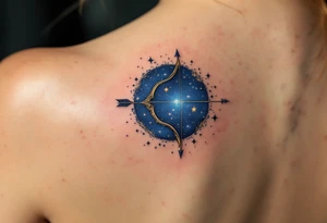 A bow and arrow with the Sagittarius star constellation embedded surrounded by midnight blue. tattoo idea