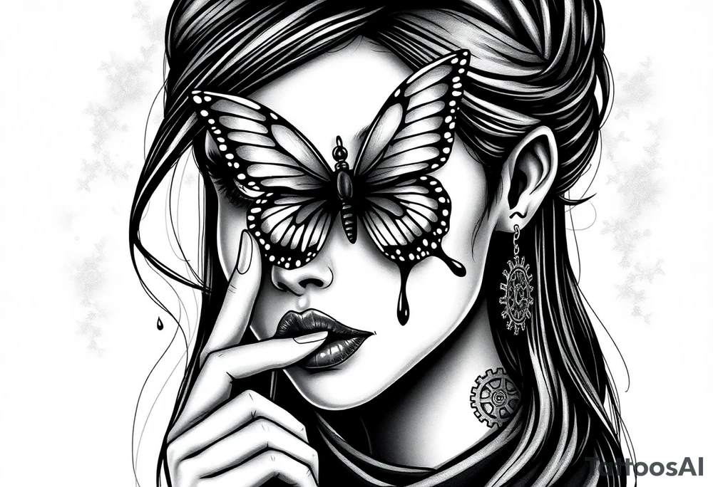 Black and grey realism tattoo design of a beautiful woman's face. And a butterfly landing g on her nose that covers her eyes  (see no evil), her left index finger is at her lips (speak no evil). Her ears are dripping blood that is steaming down her neck and cheek. The style is black and grey realism, hyper-realistic, dark, and evil. Incorporate ninja gear elements and mechanical details (gears) subtly into the background or clothing for a gear ninja evil look. Design for a full forearm sleeve placement tattoo idea