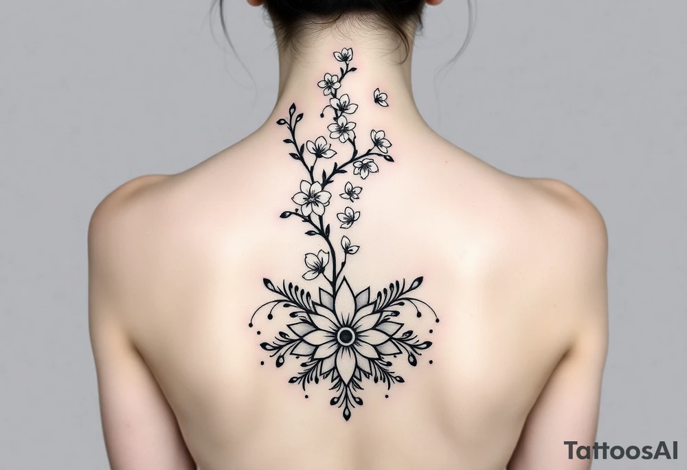 A detailed and elegant tattoo design for the spine, incorporating a vertical flow of cherry blossoms with delicate petals and branches. The lower back features symmetrical ornamental elements inspired by tribal and decorative patterns, seamlessly blending into the floral motif. The design uses fine linework, intricate dotwork, and soft curves that follow the natural contours of the body, creating a feminine and cohesive piece. The overall aesthetic is balanced, with a mix of bold ornamental elements at the lower back and light, airy floral accents along the spine. tattoo idea