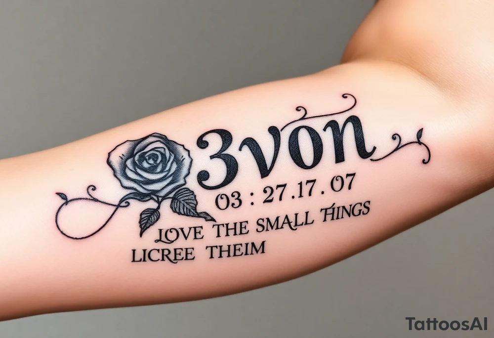 Name D3von with a crown and rose and cross and 03/27/07 and it says under all LOVE THE SMALL THINGS tattoo idea