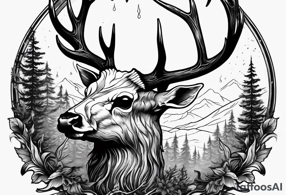 A frightening horror DECAYING deer skull JUST BONE surrounded by a forest fire in background tattoo idea