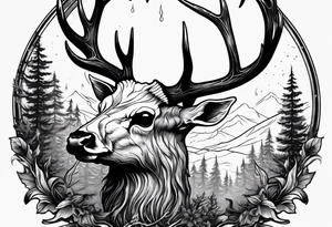 A frightening horror DECAYING deer skull JUST BONE surrounded by a forest fire in background tattoo idea