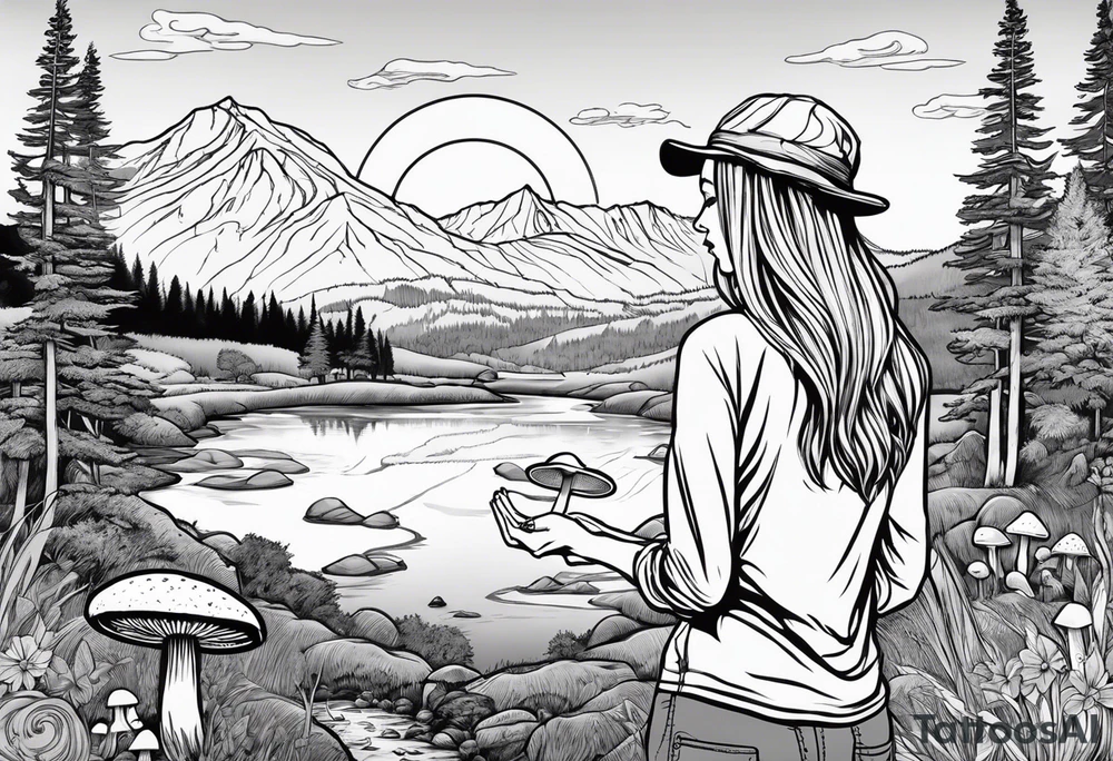 Whole picture encircled fully

Straight long blonde hair hippie girl in distance holding mushrooms in hand facing away toward mountains and creek surrounded by mushrooms long sleeve shirt and hiking pants; whole rendering within a full circle, no cut off circle tattoo idea