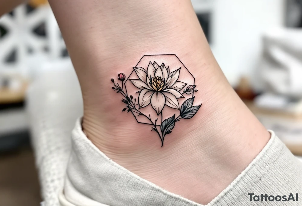 Leo, larkspur and water lily surrounded by a hexagon tattoo idea