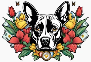 american staffordshire with tulips with a butterfly, with pills, drugs, euro bank notes and currency, vbank cheques, police, walkietalkies tattoo idea