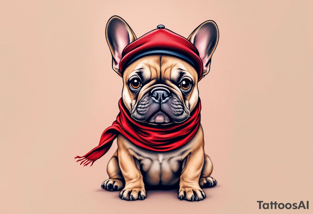French Bulldog wearing a beret and red scarf, sitting proudly like a Parisian icon, with fawn-colored fur and a cheeky expression. tattoo idea