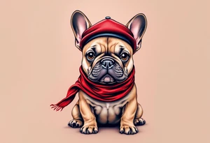 French Bulldog wearing a beret and red scarf, sitting proudly like a Parisian icon, with fawn-colored fur and a cheeky expression. tattoo idea