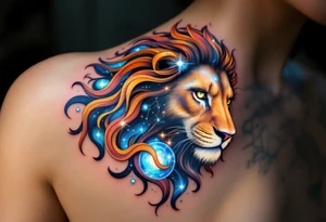 The Leo constellation is woven into the flowing mane of a copper-toned lion, glowing with cosmic blues and silvers. tattoo idea