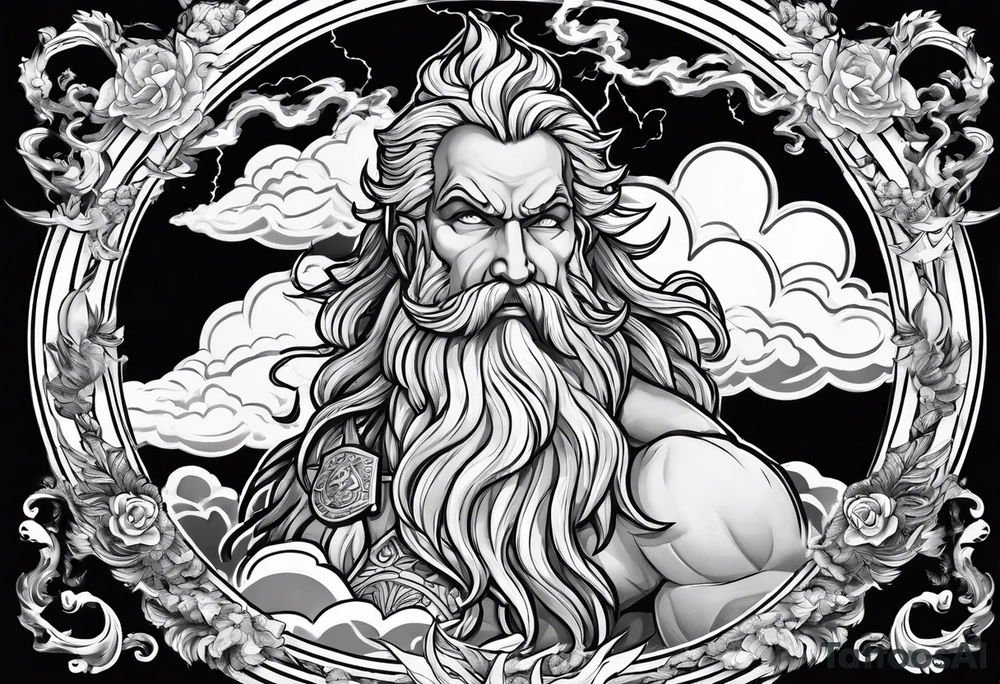 Zeus with a lightning bolt on clouds and Hades in hell below tattoo idea
