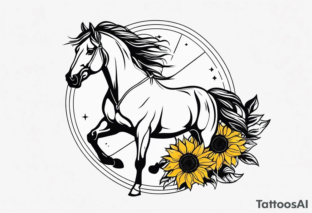 Horse, compass, sunflower tattoo idea
