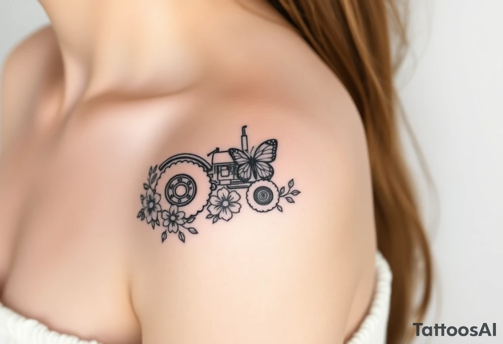 A tractor surrounded by flowers and butterfly tattoo idea