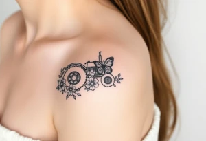 A tractor surrounded by flowers and butterfly tattoo idea