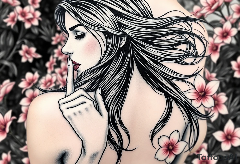 Beautiful women with long flowing hair in the wind that flows down her back and the side of her shoulder and chest as she is looking forward her face is she has big eyes that are wide shut and her little nose is normal and her lips are big and full but she has her index finger to her full lips as telling you to not speak and even though she has alot of hair you can see her pierced ears but both ears are bleeding and the blood is dipped down her naked body as she sits in a garden full of Beautiful pink plumeria tattoo idea
