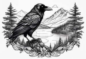 raven in fjord with trees tattoo idea